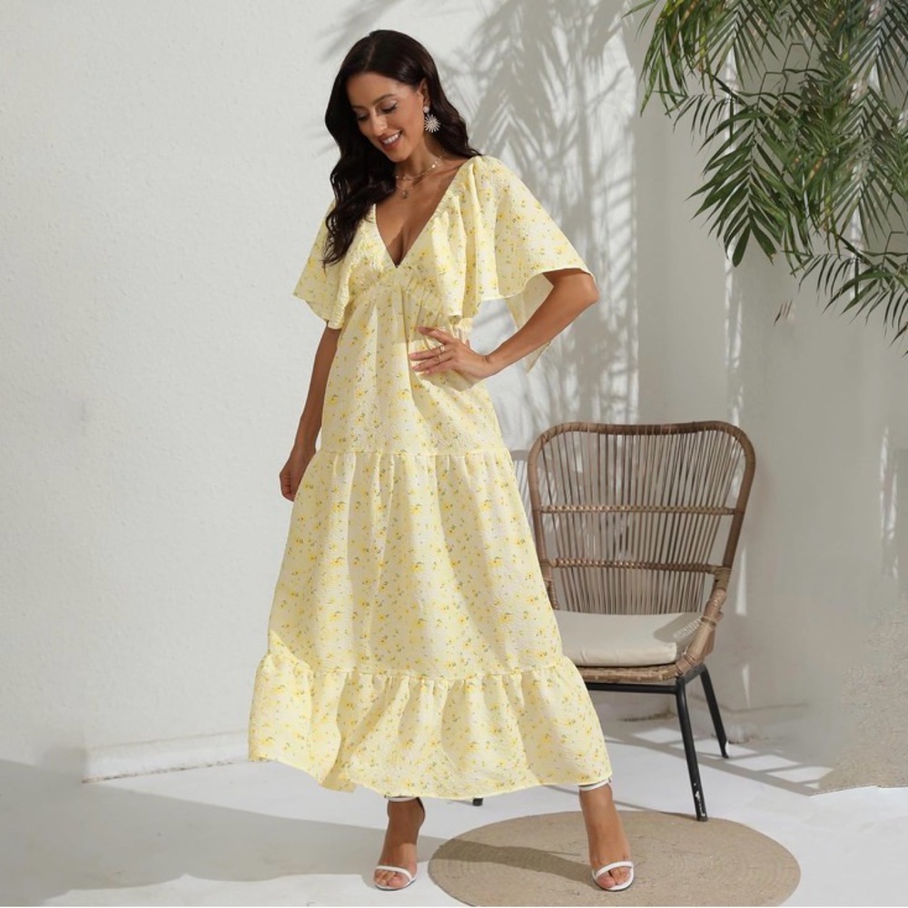 Yellow Floral V-Neck Maxi Dress
